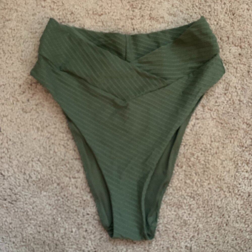 NWT Aerie Jacquard Crossover High Cut Cheeky Bikini Bottom- Size L, Olive Fun